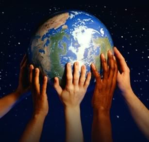 image of globe being held up by many different hands